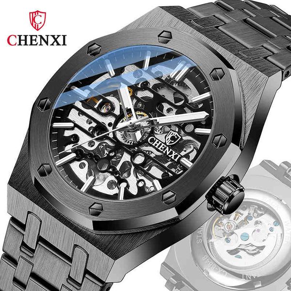 

chenxi business men watches mechanical hollow design rustless steel tape, Slivery;brown