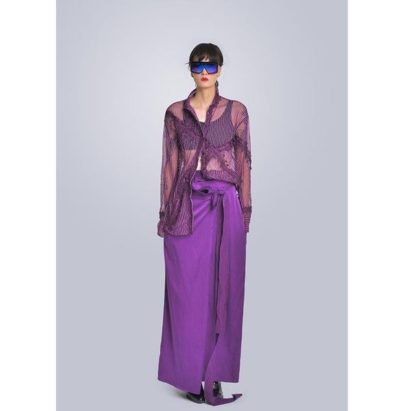 

two piece dress mishow milan fashion week spring/summer 2021 female set perspective turn-down collar blouse long skirt suit look-9, White