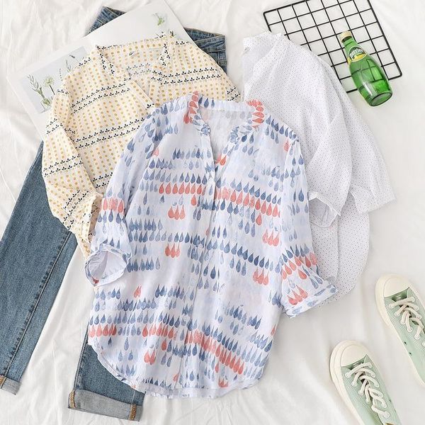 

women's blouses & shirts women summer blouse fresh style v neck three quarter water drops print chic loose blusas korean simple harajuk, White