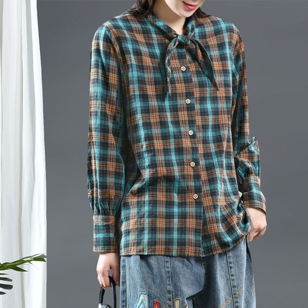 

spring fall arts feminine sleeve long plaid shirts all combined casual loose cotton flax femme blouse m441, White