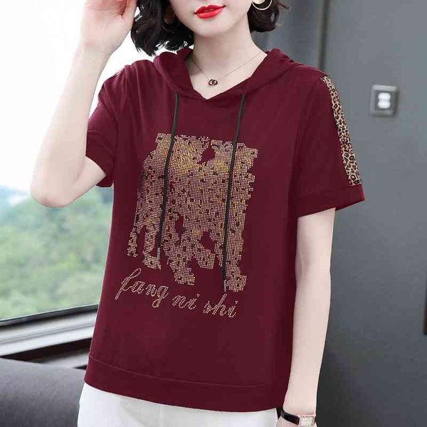 

women's 2021 new thin summer mom hooded short sleeve t-shirt women's large middle-aged sweater, Black