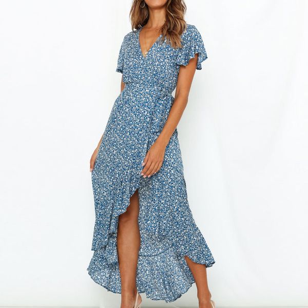 

casual dresses summer long maxi women boho floral print chiffon beach v-neck ruffles bodycon wrap high slit party1 b3qm, Black;gray