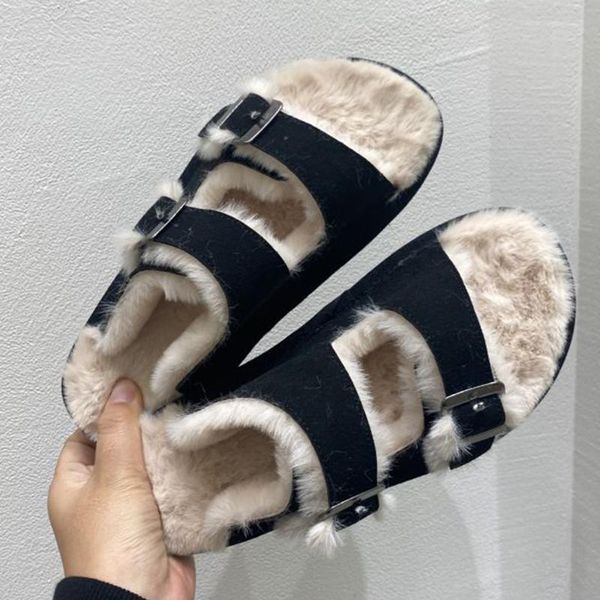 

slippers women furry winter home cotton shoes female flats casual flip flops ladies fur slides house for woman, Black