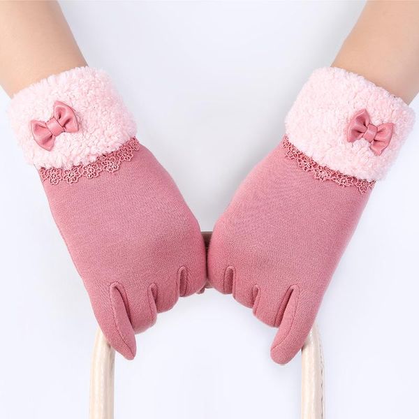 

five fingers gloves womens touch screen winter fashion bow ladies lace splice warm mittens cashmere female wrist guantes, Blue;gray