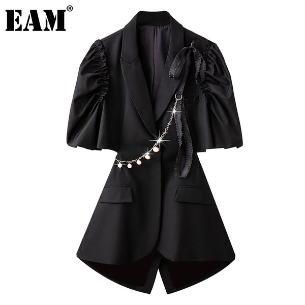 

[eam] women waist hollow out pleated chains blazer dress lapel half sleeve loose fit fashion spring summer 1dd8508 210512, Black;gray
