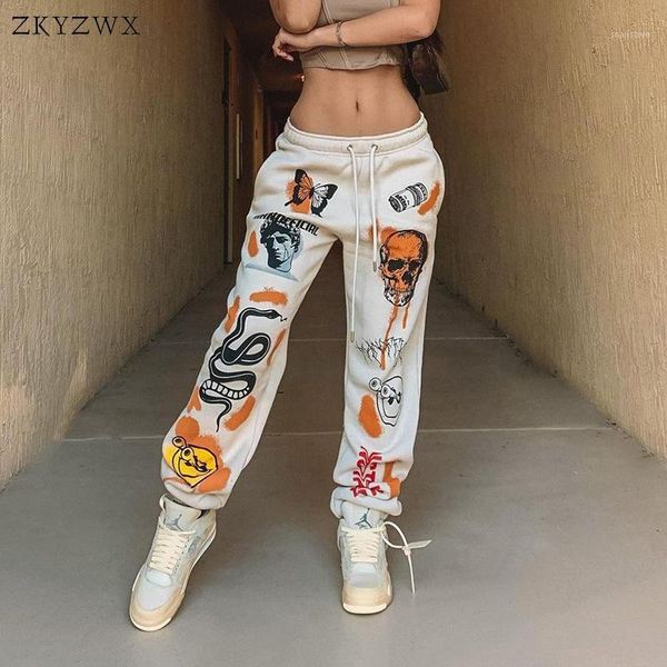 

women's pants & capris zkyzwx jogger sweatpants for women 2021 streetwear graffiti skull print thick warm aesthetic loose trousers casu, Black;white