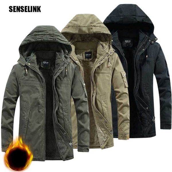 

men cotton winter jacket padded mid-length warm outwear snow coats windbreaker multi-pocket brand jacket men parka 211105, Black;brown