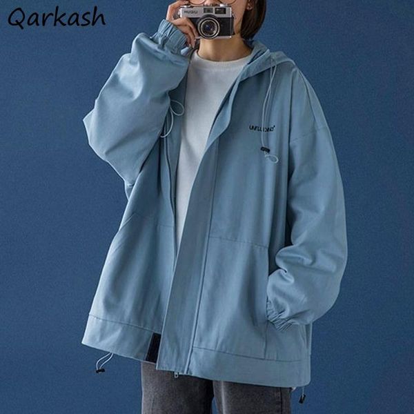 

women's jackets women oversize letter embroidery couples safari style hooded coats front pocket zipper loose retro all-match spring chi, Black;brown