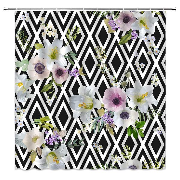 

geometric flower shower curtain decor lily camellia watercolor leaves black white rhombus background floral theme fabric bath