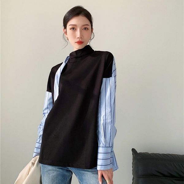 

women's knits & tees patchwork striped blue long sleeve and blouses stand collar tie neck designer casual korean fashion, White