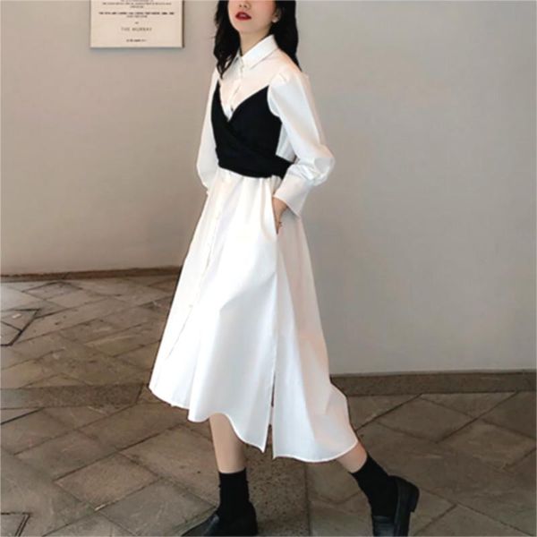 

white elegant patchwork dress women autumn fake two piece designer split midi female high street korean 2021 casual dresses, Black;gray
