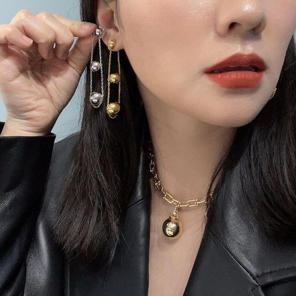 

dangle & chandelier srcoi metallic round balls long earrings gold silver color beaded link chain tassel pendant drop party jewelry