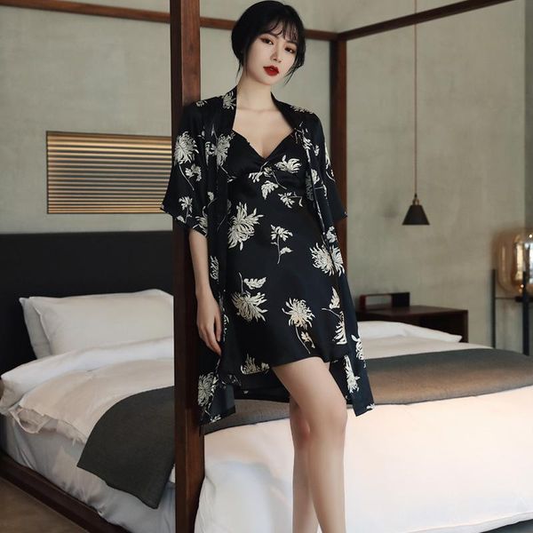

black women sleepwear 2pcs robe set satin print flower kimono gown bathrobe nightdress silky stain lingerie nightgown women's, Black;red