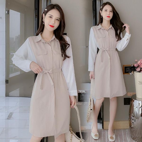 

casual dresses women dress autumn 2022 office lady korea style full sleeve patchwork solid chiffon single breasted high waist, Black;gray