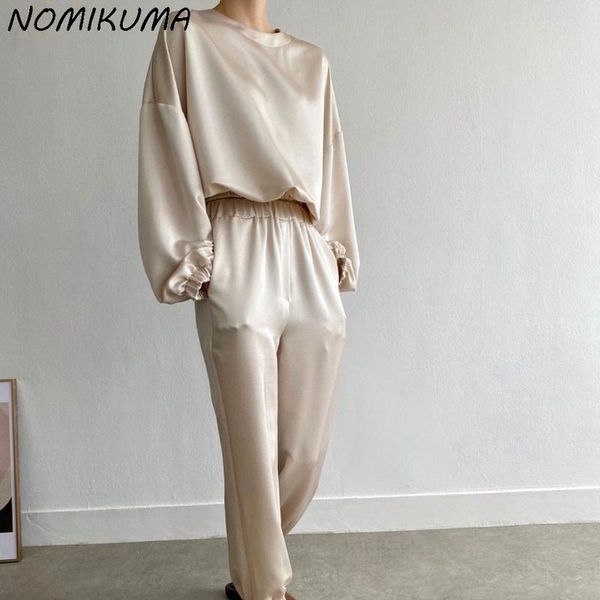 

women's two piece pants nomikuma korean pieces pant sets elegant o-neck puff sleeve blouses + high waist harem 2021 autumn outfits 6x12, White