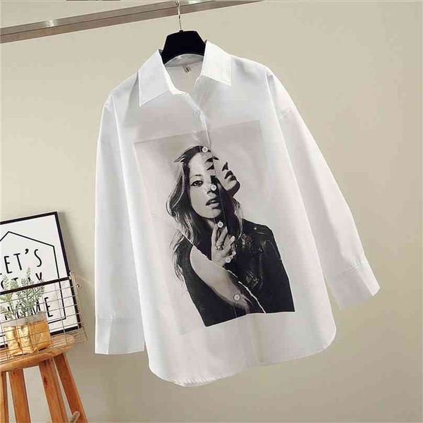 

oversized women blouses spring autumn loose shirts character printing long sleeve shirts blusas mujer 210719, White
