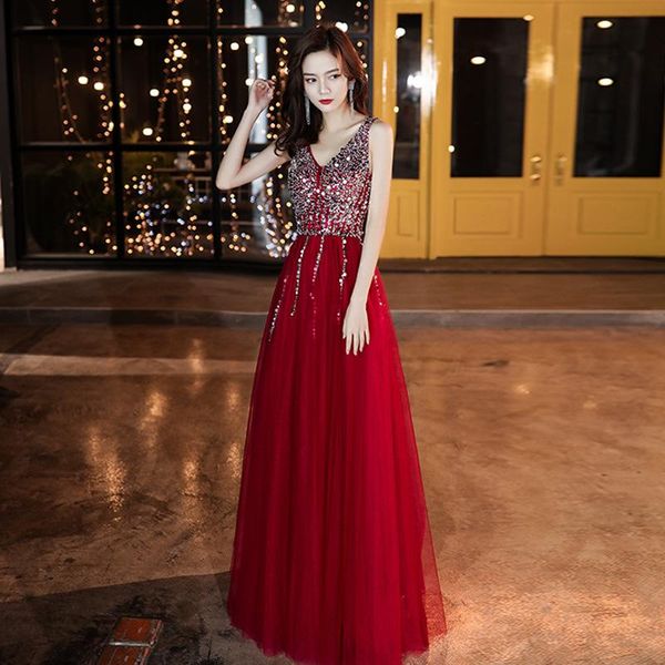 

ethnic clothing noble v-neck bride wedding dress bling sequins evening slim long party temperament celebrity banquet gown mesh, Red