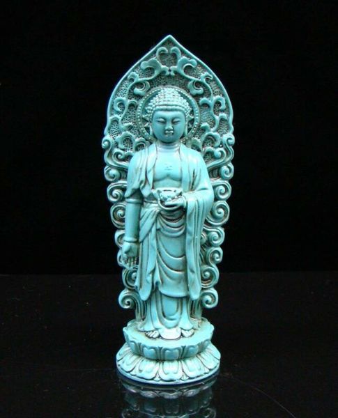 Estátua esculpida mão chinês turquesa turquesa buddha lotus religião verde