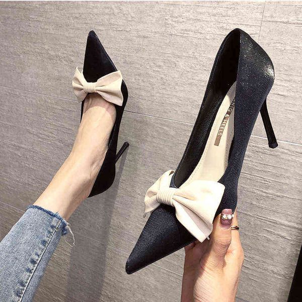 

dress shoes pointed high heel's thin heels 2022 bowknot celebrity silk satin suede single shoes 32-43, Black