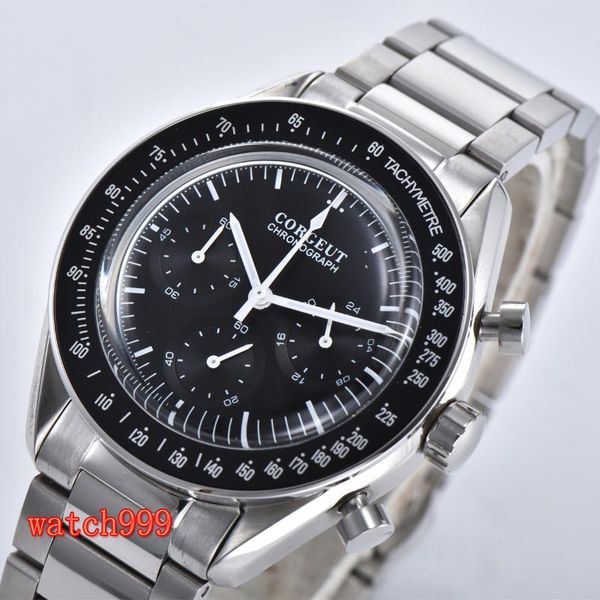 

wristwatches 40mm black dial solid case quartz sports men's watch steel strap waterproof multifunction men full chronograph, Slivery;brown