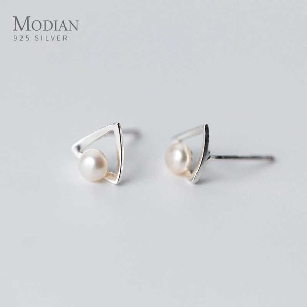 

simple geometric triangle pearl stud earrings for women genuine 925 sterling silver ear studs fine jewelry 210707, Golden;silver