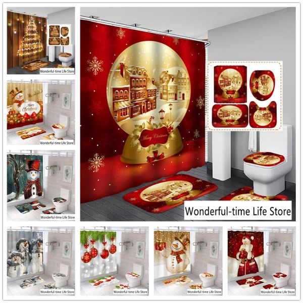 

shower curtains fabric christmas hat tree santa claus toilet lid rideau de bain carpet anti slip curtain three-piece suit