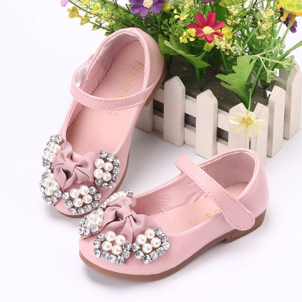 

New Summer Kids Leather Loafers Baby Girl Princess Shoes Soft Sole Children Flats Rhinestones Pearls Party Wedding Shoes 21-35, Fushia pink