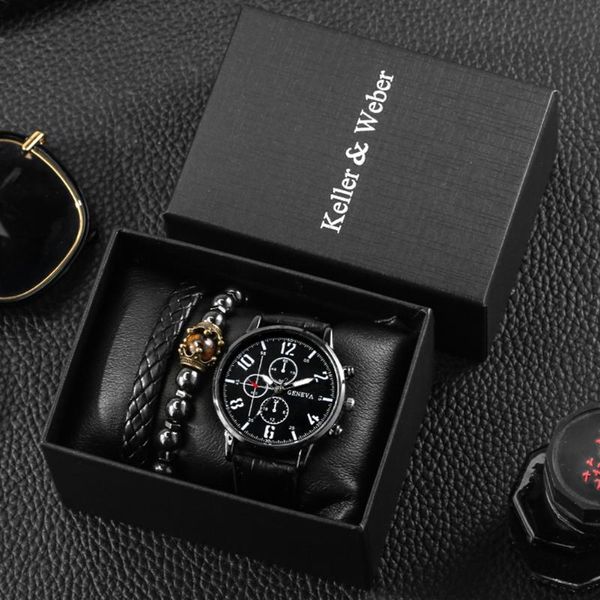 

wristwatches simple men watch set leather strap fashion quartz wristwatch stainless steel case present for business clock bracelet, Slivery;brown