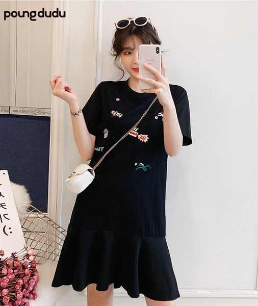 

maternity dresses poungdudu pregnant women dress large size cute embroidered shirt tide 2021 summer, White