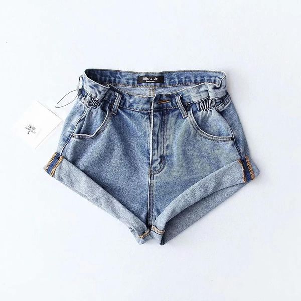 

msxu attacked eua high street elastic ladies mid waist wide leg drooling jeans cotton shorts short denim pants, Blue