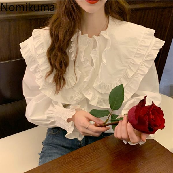 

nomikuma fashion peter pan collar long sleeve shirts women solid color single breasted blouse vintage blusas 3c510 210514, White