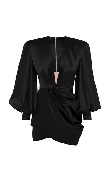 

american tide the est retro stlye lantern sleeve v-neck party, Black