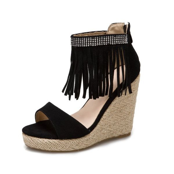 

sandals ladies summer thick-soled sandals womens heightened summer glass heels tassels zhongbang high heel womens shoes1, Black