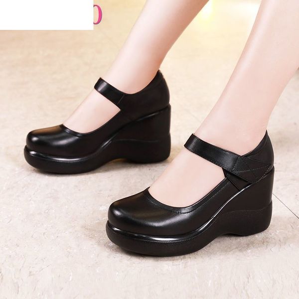 

sandals round toe wedge pumps women shoes mary jane thick bottom leather platform fashion brand large size 6e3z, Black