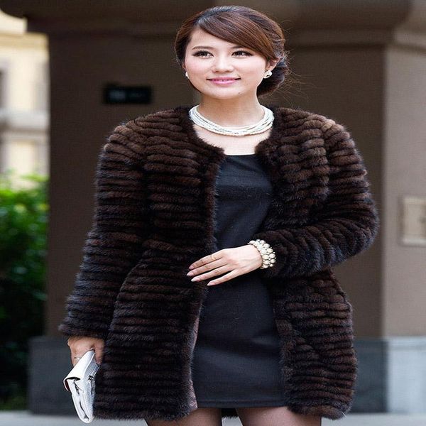 

women's fur & faux fashionable female mink natural winter knitted long coat, Black