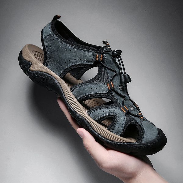 

shoes slippers large size men's summer leather breathable beach cool soft soled baotou casual trkp, Black