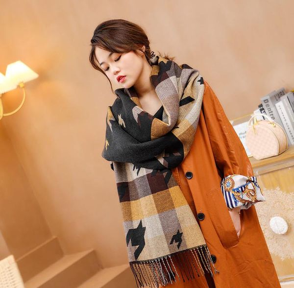 

scarves imitation cashmere scarf women's autumn and winter 2021 thousand bird grid jacquard shawl small fresh warm thickened bib, Blue;gray