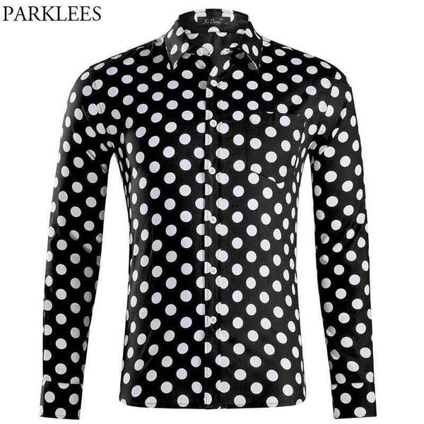 Polka Dot Black Manga Longa Camisa Moda Moda Magro Fit Mens Vestido Camisas Casuais Botão Down Socio Camisa Masculino Camisas 2XL 210522