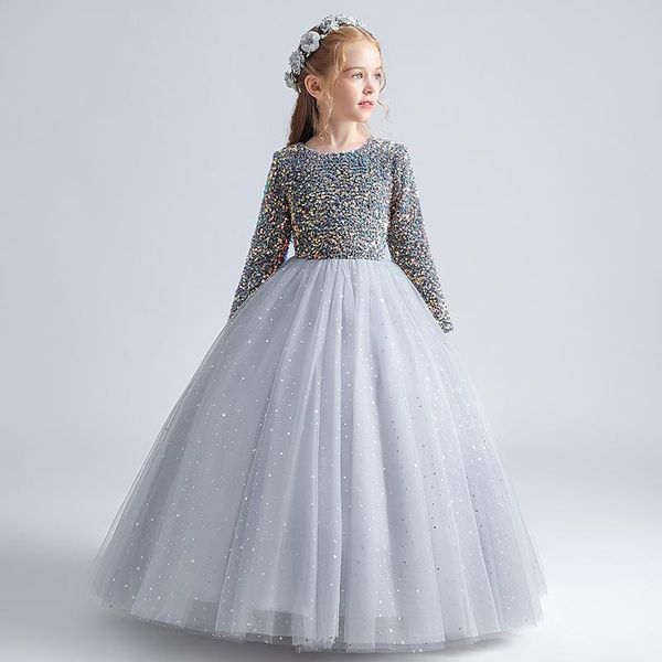 

girl's dresses flower girl illusion luxury princess gray sequined o-neck ball gown floor-length tulle elegant lace kid party skirt h080, Red;yellow