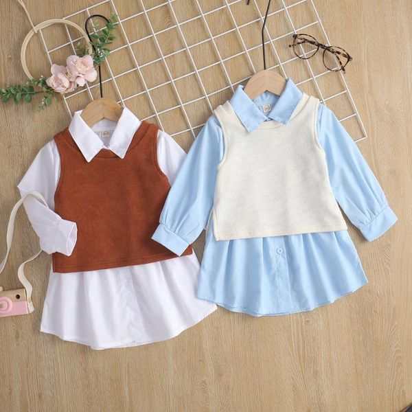 

girl's dresses pretty princess autumn long sleeve single-breasted shirt-dress knitting soid vest toddler kids baby children clothes set, Red;yellow