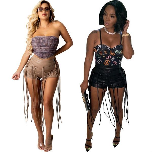 

women's shorts tassel summer high waist pu leather slim women pant ladies trousers, White;black