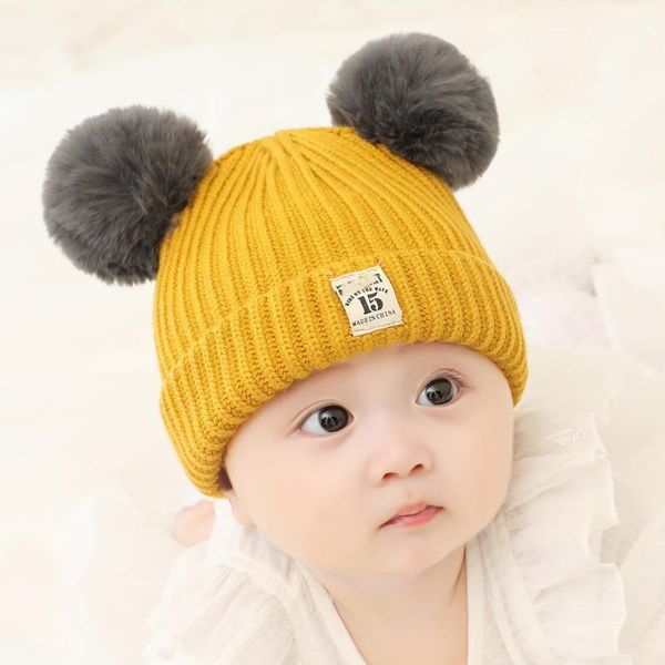 

winter knitted warm baby hat cute double pompom infant boy girl cap ear protection hats children beanie bonnet born, Yellow