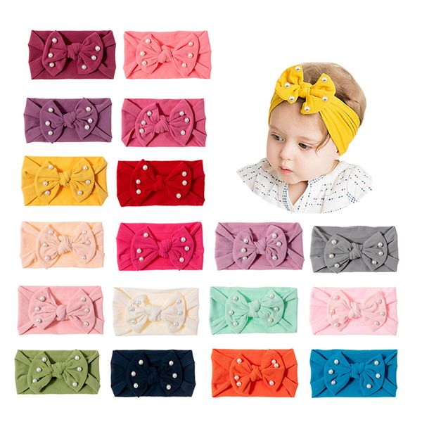 

fashion pearls bowknot elastic wide hairband solid color handmade bows baby girls headband newborn headwear kids birthday gifts, Slivery;white