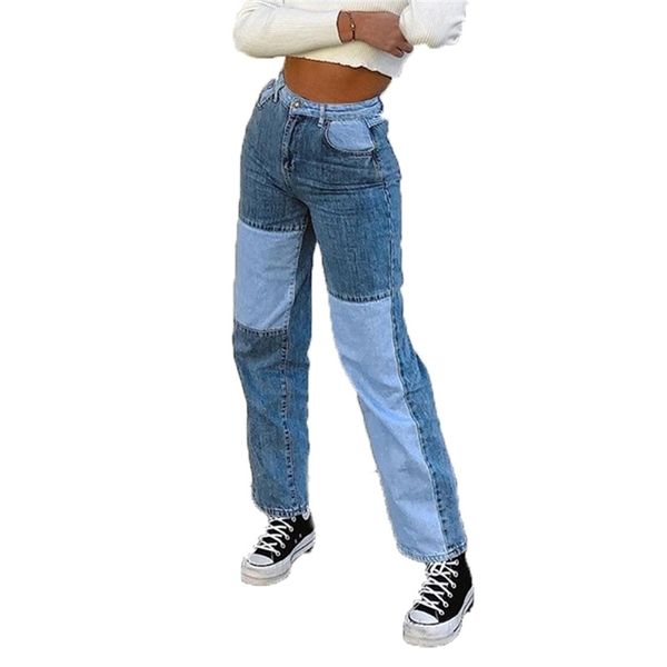 

spring summer women patchwork mom jeans casual loose high waist denim pants woman vintage boyfriends straight leg trousers 210708, Blue
