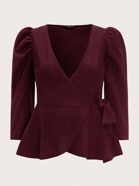 

plus puff sleeve wrap belted peplum 02y6#, Black