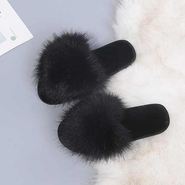 

slippers shoes woman 2021 slipper warm rubber flip flops flock raccoon fur slides beige heeled sandals low winter massage hawaiian plush, Black