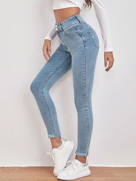 

high waist slant pocket skinny jeans x3n4#, Blue