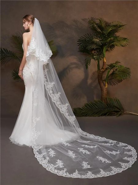 

bridal veils white/ivory two layers wedding veil with comb full edge lace mantilla cathedral accessories veu de noiva, Black