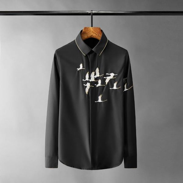 

men's casual shirts black white male luxury long sleeve cranes embroidery mens dress slim fit cotton man 2xl, White;black