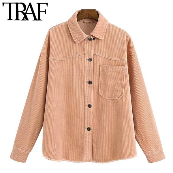 

women fashion pockets oversized corduroy jacket coat vintage long sleeve frayed hem female outerwear chic women's jackets, Black;brown